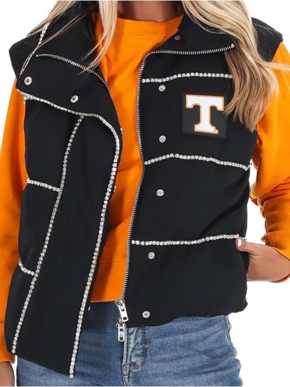 Women's Black Rhinestone-Trim Varsity Vest with 'T' Patch